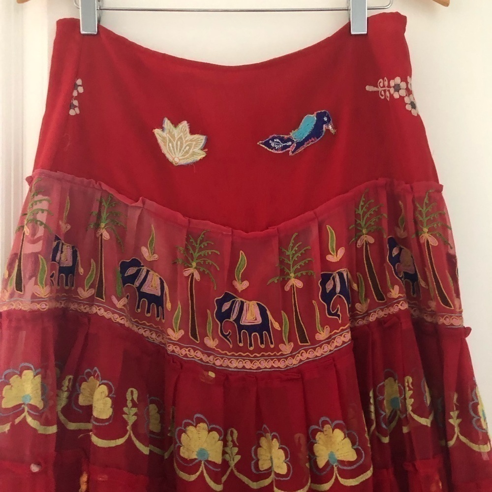 Juliet Dunn London Boho Embroidered Elephant Bird Tiered Midi Skirt Large - Picture 3 of 8